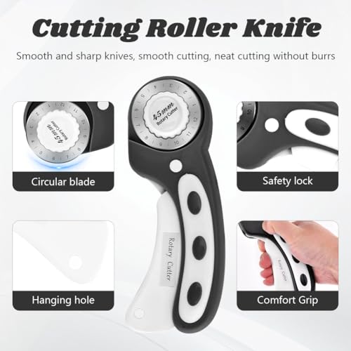 45mm Rotary Cutter for Fabric, Rotary Quilting Cutter with 10 Pcs Blades - color: Black