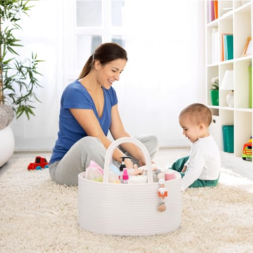 COMSE Large Cotton Rope Baby Diaper Caddy Organizer with Handles, White - color: White, size: Large