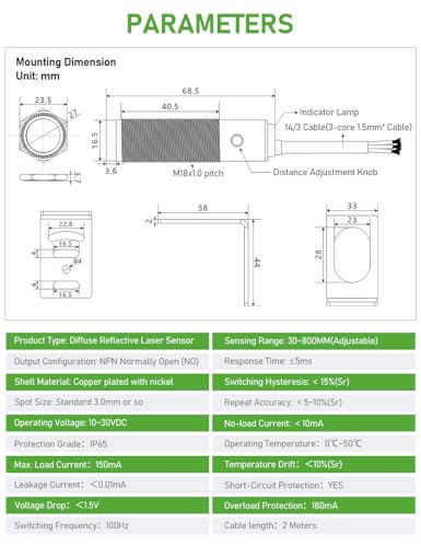 DIHOOL Photoelectric Proximity Sensor, Laser Motion Switch,IP65 Waterproof, Normally Open NPN NO, M16, 3 Wires,12V/24V Input(10-30VDC), Detection Distance Adjustable from 3cm to 80cm