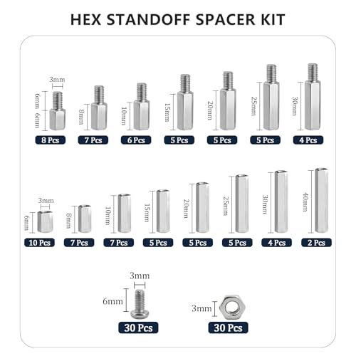 M3 Hex Standoff Spacers Kit,145pcs M3 Male Female Metric Thread Mount Spacer Screw Nut Bolt Motherboard Spacer Prototyping Accessories for Quadcopter Drone, Computer & Circuit Board Assortment Kit - size: M3