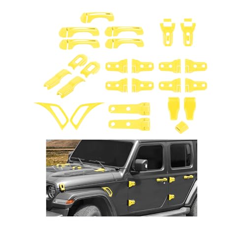 CheroCar 43PCS Full Set Exterior Trim Kit Fit for 2018-2026 Jeep Wrangler JL 4Door Yellow Door Handle,Hood Hinge,Left Right Door Hinge,Tailgate Handle,Spare Tire Bracket,Fender Vent Cover Trim - color: Yellow