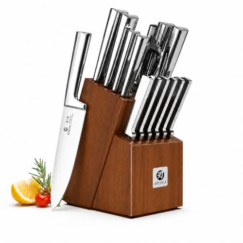 imarku 15-Piece Knife Block Set Built-in Sharpener, Santoku for kitchen - color: Chestnut Brown