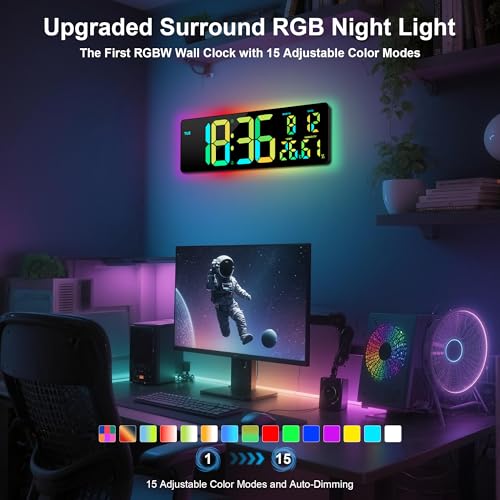 17.3"Large Digital Wall Clock 15 Color Modes Display 8 Color Night Light - color: Black