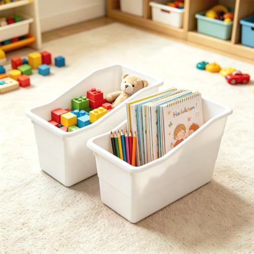 12 Pack Book Bins for Classroom Stackable Plastic Storage with Labels - color: White