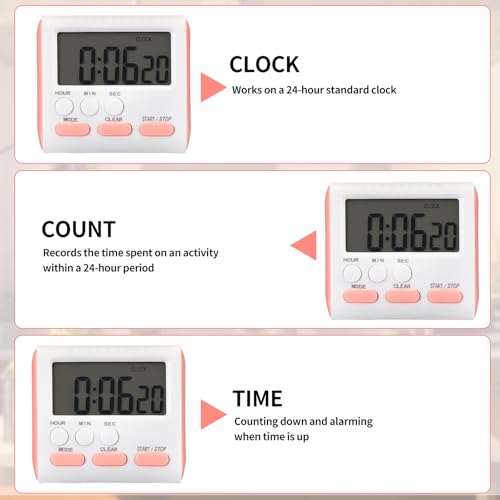 Mudder 3 Pack Digital Kitchen Timer for Cooking, Large Digits, 24 Hour Magnetic Backing Stand Kitchen Timers Clock for Classroom Kids Teachers, Loud Alarm and Large Screen (Pink) - color: Pink
