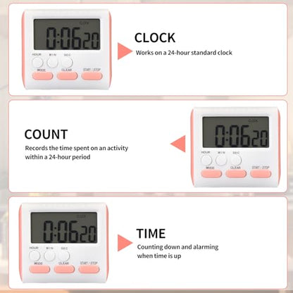 Mudder 3 Pack Digital Kitchen Timer for Cooking, Large Digits, 24 Hour Magnetic Backing Stand Kitchen Timers Clock for Classroom Kids Teachers, Loud Alarm and Large Screen (Pink) - color: Pink
