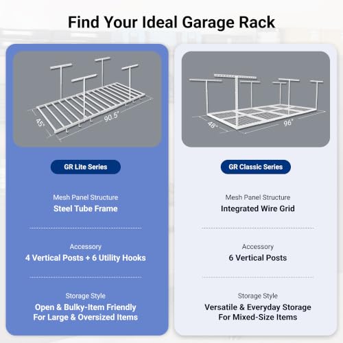 FLEXIMOUNTS 4x8 Overhead Garage Ceiling Storage Rack with 6 Hooks, White - color: White