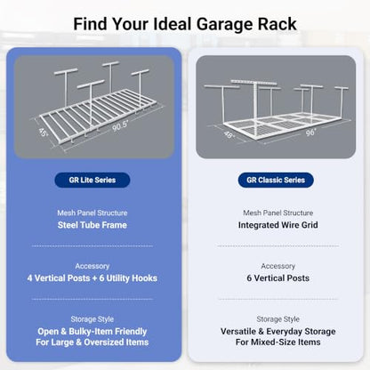 FLEXIMOUNTS 4x8 Overhead Garage Ceiling Storage Rack with 6 Hooks, White - color: White