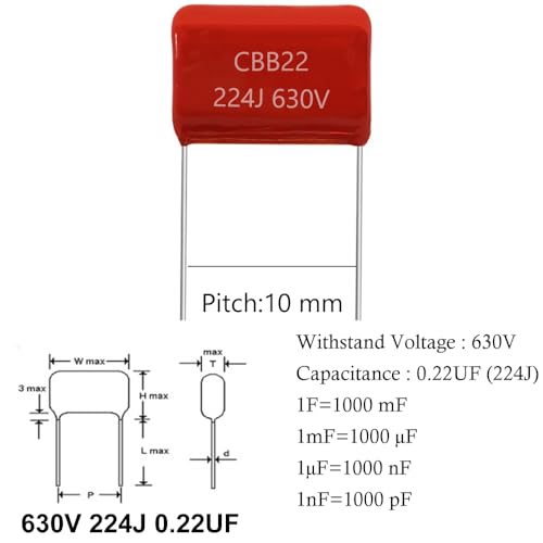 20pcs 630V 224J 0.22UF CB22 Metallized Polypropylene Polyester Film Capacitors Kit - style: 630V 224J 0.22UF