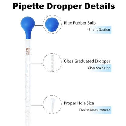 2-Pack Glass Graduated Pipettes with Thick Rubber Bulbs - 10ml Droppers Set Includes Stir Rod & Cleaning Brush, Liquid Transfer & DIY Projects