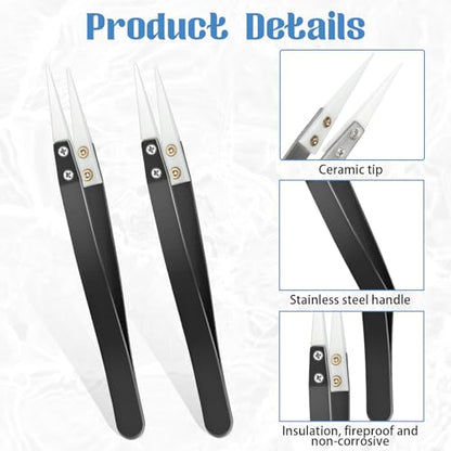 4pcs Ceramic Tweezers Stainless Steel Ceramic Precision Tweezers for Electronics, Non-Conductive Anti Static High Temperature Resistant Fine Point Tweezer for Precision Electrical Operation, Black