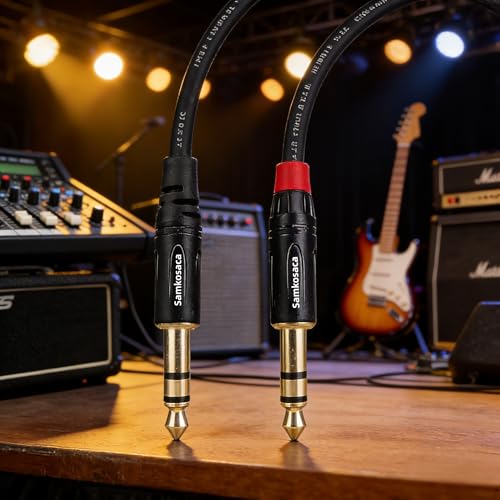 1/4 Inch TRS Cable 1 Foot 2-Pack, 6.35mm Balanced Male to Male Patch Cable, Gold Plated OFC Noise Rejection for Studio Monitor, Mixer, Amplifier, Keyboard, DJ Equipment, Audio Interface