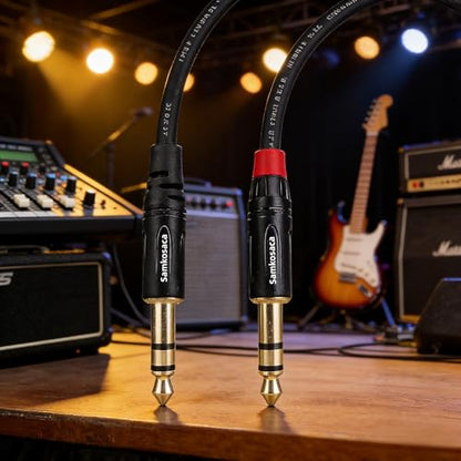 1/4 Inch TRS Cable 1 Foot 2-Pack, 6.35mm Balanced Male to Male Patch Cable, Gold Plated OFC Noise Rejection for Studio Monitor, Mixer, Amplifier, Keyboard, DJ Equipment, Audio Interface