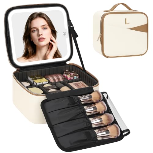 Relavel Birthday Gifts for Women Teen Girls, Initial Makeup Bag with LED Mirror, Personalized Cosmetic Organizer with 3 Light Modes, Rechargeable Travel Bag with Compartment & Adjustable Dividers - L - style: L