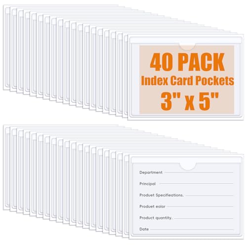 40 PCS Index Card Pockets, Self Adhesive Card Pockets 3"X5" with Top Open, Clear Label Pockets for Storage Bins, Plastic Labels Holders for Organizing, Loading, Drawer,Library Card, Totes (3"X5") - size: 3"X5"