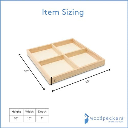 DIY Square Wooden Divided Serving Tray 10 x 10-inch, Pack of 5 4-Section Candy Tray for Vegetable & Fruit Party Platters, by Woodpeckers - size: 10" x 10" 4 Part