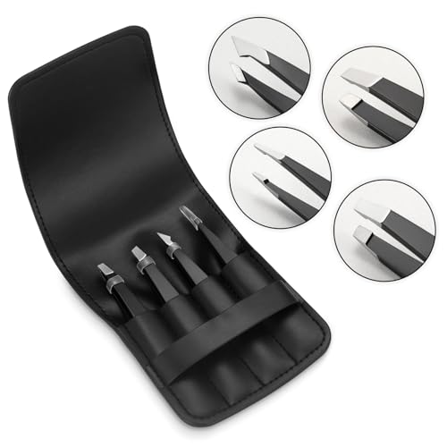 Pefei Tweezers Set - Professional Stainless Steel Tweezers for Eyebrows - Great Precision for Facial Hair, Splinter and Ingrown Hair Removal (Black) - size: 4 Piece set