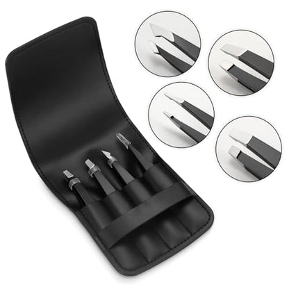 Pefei Tweezers Set - Professional Stainless Steel Tweezers for Eyebrows - Great Precision for Facial Hair, Splinter and Ingrown Hair Removal (Black) - size: 4 Piece set