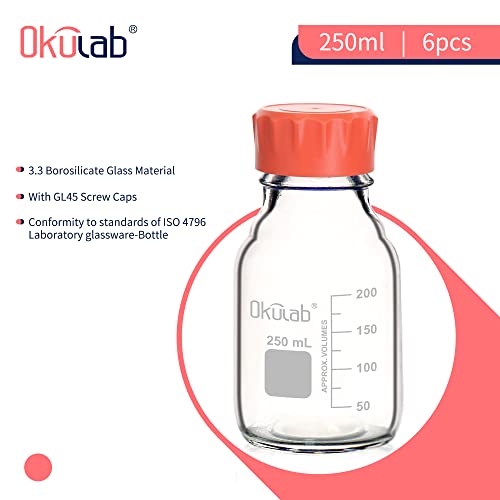 6pcs of 250ml(8.5oz) Round Media Storage Bottles, 3.3 Borosilicate Glass, with GL45 Screw Caps in PP Materia, GL45RB250B6 - style: 6pcs of 250ml