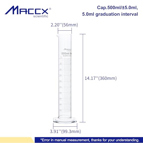 500ml Sturdy Glass Graduated Cylinder, 2PCS of Cap.500ml/±5.0ml Borosilicate 3.3 Glass Measuring Cylinders, Class B,MCG500-002 - size: 2PCS of Vol.500ml