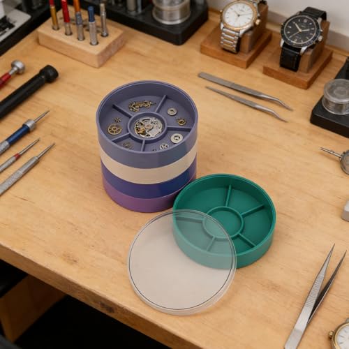 Watch Parts Storage Box, 5 Layer Watch Parts Box Container, Colorful Watch Repair Parts Organizer, Round Plastic Watch Repair Tools Tray Holder for Movement Screw Component