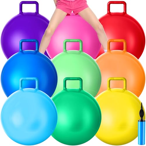 Meooeck 9 Pcs Hopper Ball 20 Inch Outdoor Bouncy Balls with Handles and Air Pump Jumping Hopping Ball for Sports School Games Exercise(Multicolor) - size: 20 Inch