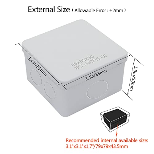 LeMotech Junction Box, Electrical Box IP55 Water Resistant Dustproof ABS Plastic Project Enclosure for Electronics White 3.4 x 3.4 x 2 inch - size: 3.4"x 3.4"x 2"