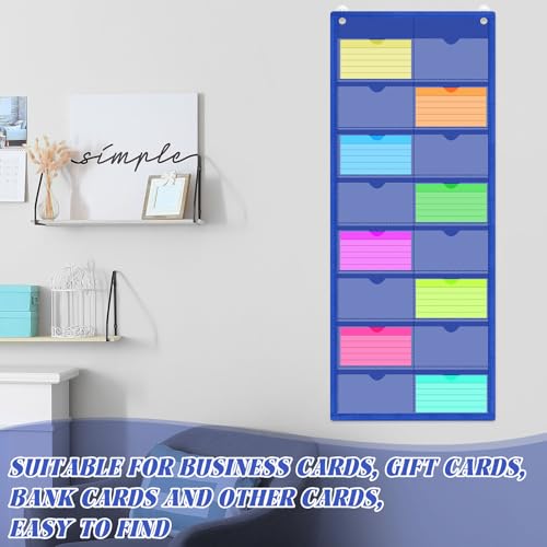 AmazingSpark 2 Pack 3'' x 5'' Index Card Holder Sleeve 16 Slot Plastic Organizer Hanging Wall Mount Business Note Cardholder PVC Clear Organizer Pocket for Classroom Office Library Home (Blue) - color: Blue