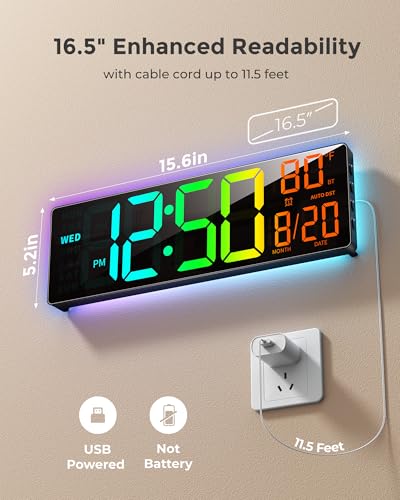 EASYERA 16.5" Large Digital Wall Clock with BT Sync, 11 RGB Lights - size: 15.98 inches
