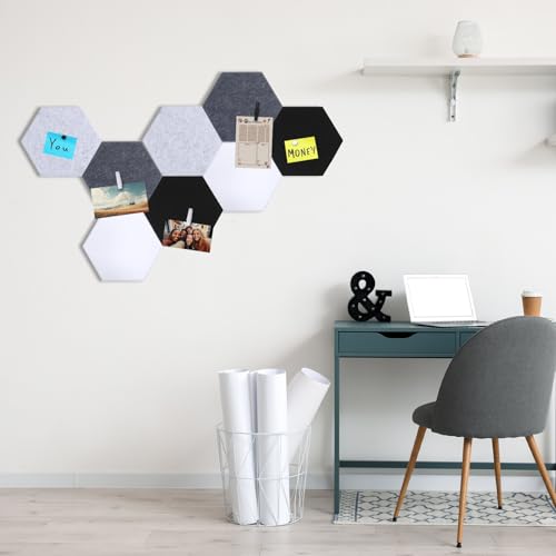 Mooliwe 8 Pcs 12 Inch Hexagon Cork Board Tiles Pins Clips, Black White - color: Black White
