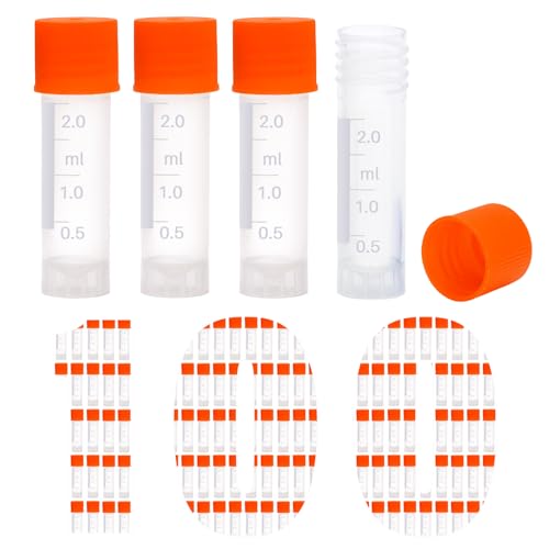 100 Pcs 2ml Vials Centrifuge Tubes Plastic Sample Small Cryogenic Vials with Screw Caps Graduated Bottles Test Tubes with Lids (Orange) - color: Orange