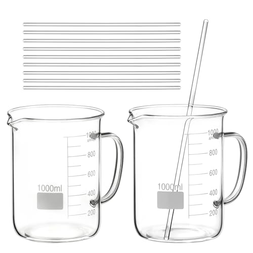 QWORK 2 Pack 1000ml Borosilicate Glass Beaker with Handle, & 10 Pcs 12" Science Glass Stir Rods, High Temp & Chemical Resistant, Smooth Ends, Precise Scale, for Laboratory and Chemical Use