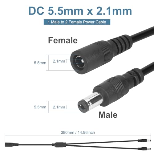 2 PCS 1 to 2 Way DC Power Splitter, DC Splitter, 2.1 * 5.5MM Power Splitter for CCTV Security Camera LED Strips