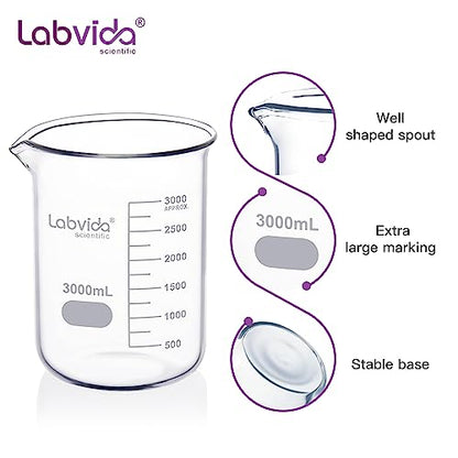 Glass Beaker, Vol. 3000ml, 3.3 Borosilicate Griffin Low Form with Printed Graduation,LVA022 - style: Vol.3000ml