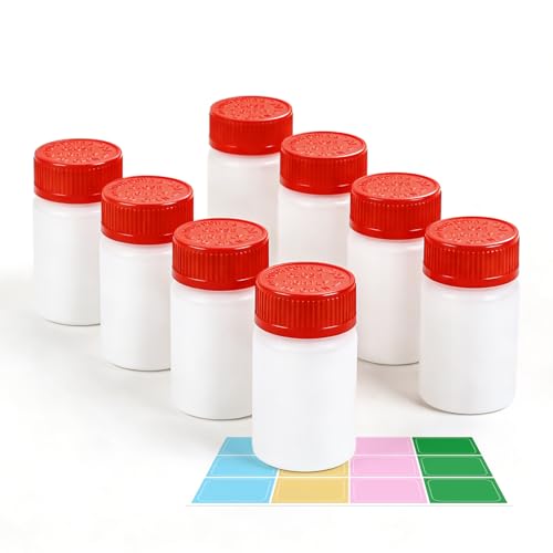 3.4oz Plastic Pill Bottles with Child Resistant Caps, Empty White HDPE Solid Containers with Labels, Reusable Supplement Bottles for Powder, Pills, Vitamins (8 Pack) - color: White+red, size: 3.4oz/100ml