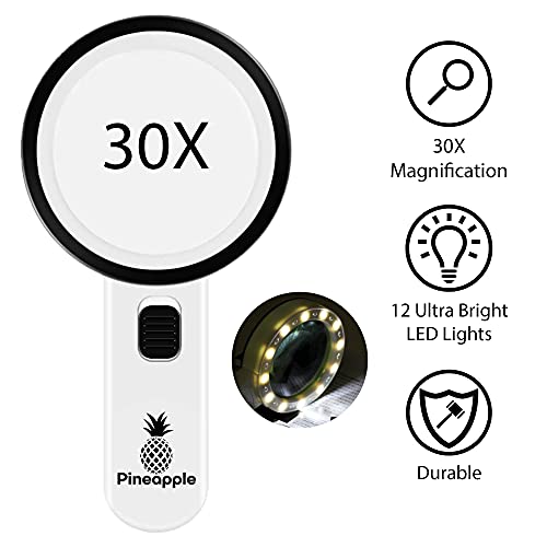Magnifying Glass with Light, 30X Handheld Large Magnifying Glass for Reading, Lighted Magnifier for Seniors, Macular Degeneration, Coins, Jewelry, Elderly