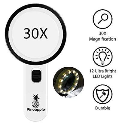 Magnifying Glass with Light, 30X Handheld Large Magnifying Glass for Reading, Lighted Magnifier for Seniors, Macular Degeneration, Coins, Jewelry, Elderly