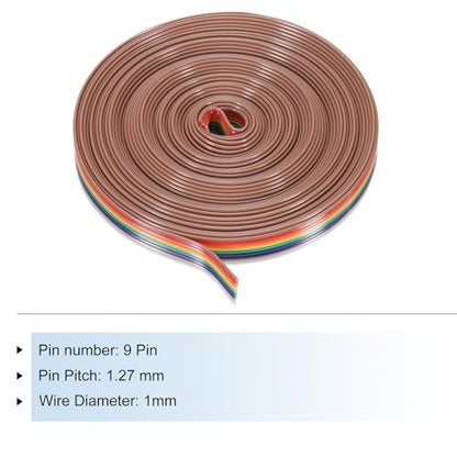 MECCANIXITY 1 Pcs 9 Pin Flat Rainbow Ribbon Cable 20 Ft 1.27mm Pitch Breadboard Jumper Wires for Electronic Projects - size: 20 Ft, style: 9P
