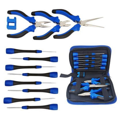 Precision Repair Tool Set, 12-Piece Craftsman & Miniature Tool Kit with Small Screwdrivers, Mini Pliers, Demagnetizer, Small Tool Kit for Phone, Laptop, Jewelry Repair, Includes Compact Storage Pouch