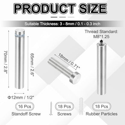 PATIKIL 1/2x2.8" Standoff Screws, 16 Pack Stainless Steel Stand Off Wall Mounts Wall Sign Mounting Hardware Advertising Standoff Nail for Hanging Acrylic Signs Picture Frame, Silver - size: 1/2x2.8"