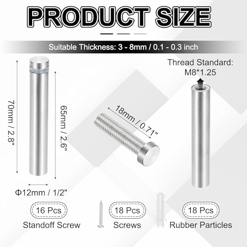 PATIKIL 1/2x2.8" Standoff Screws, 16 Pack Stainless Steel Stand Off Wall Mounts Wall Sign Mounting Hardware Advertising Standoff Nail for Hanging Acrylic Signs Picture Frame, Silver - size: 1/2x2.8"