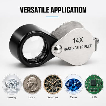 14X Hastings Jewelers Loupe, Mini Triplet Loupe with 12mm Triplet Lens, Stainless Steel Body, Foldable Design, Protective Pouch, Pocket Size Jewelry Loop Magnifier for Gemstone & Coin Collecting