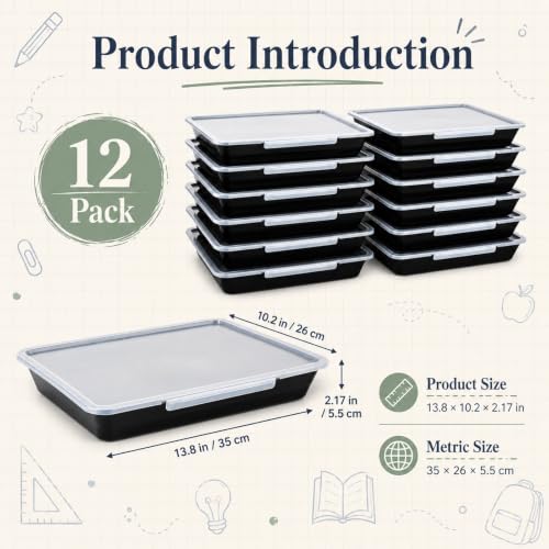 gisgfim 12 Pack Flat Storage Paper Tray with Clear Latching Lids, Black - color: Black