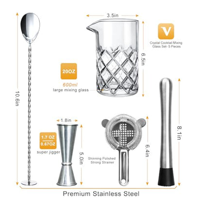 LIGHTEN LIFE Cocktail Mixing Glass Set,Bar Mixing Set with 20oz Crystal Thick Bottom Glass,Spoon, Jigger,Strainer and Muddle,5 Pieces Cocktail Mixing Glass Kits Perfect for Amateurs and Bartenders