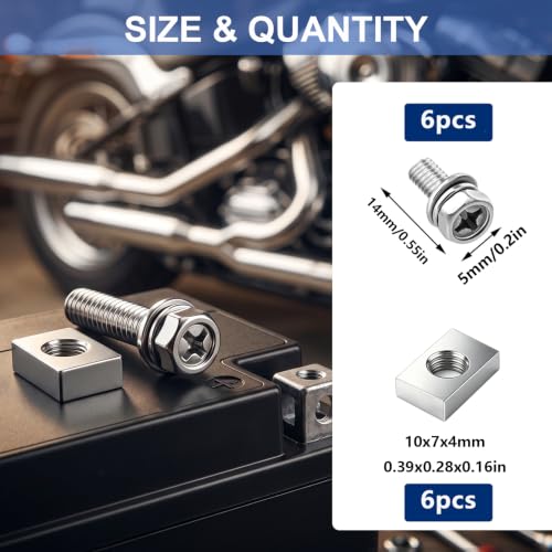 Tnisesm 12PCS M5x14 Battery Terminal Motorcycle Bolts and Nuts Kit, 304 Stainless Steel Battery Bolt with Square Nut for ATV Bike, Motorcycle, Scooter - size: M5*14MM