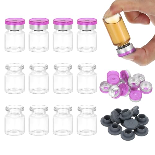 PATIKIL 12pcs 5ml Clear Borosilicate Glass Sample Vials with Aluminum Plastic Cap and Rubber Stopper for Lab Solid Liquid Powder Storage, Purple Silver Tone - color: Clear/Purple Silver Tone, size: 5ml