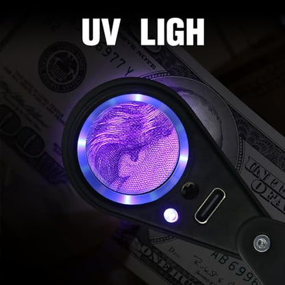 10X Rechargeable Jewelers Loupe with UV & LED Lights Four Light Modes, 22mm Triplet Lens Illuminated Folable Eye Loop Magnifier Pocket Jewelry Magnifying Glass for Jewelry, Gemstone, Coins, Stamps - color: Black
