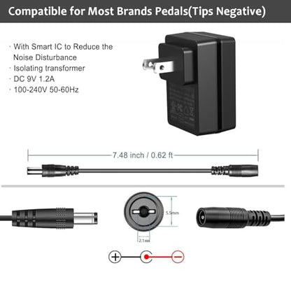 JOYO DC 9V 1.2A Guitar Pedal Power Supply with 5 Way Daisy Chain Cables, AC Wall Charger Power Adapter for Bass Guitar Effect Pedals (Tip Negative) - size: 9V1200mA
