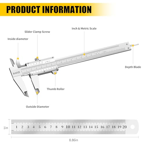 Vernier Caliper Measuring Tool,0-6"/0-150mm Manual Stainless Steel Caliper,High Accuracy 0.001In/0.02mm Dual Imperial/Metric Scale High Precision Micrometer