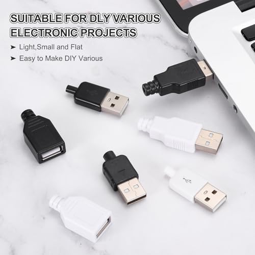 MECCANIXITY 10Pcs USB 2.0 Type A Male Female Plug Connector, 4 Pin Solder Terminal with 3mm Cable Hole for DIY Cable Repair Kit, Power Supply, Microcontroller Projects, Black, 33x16mm